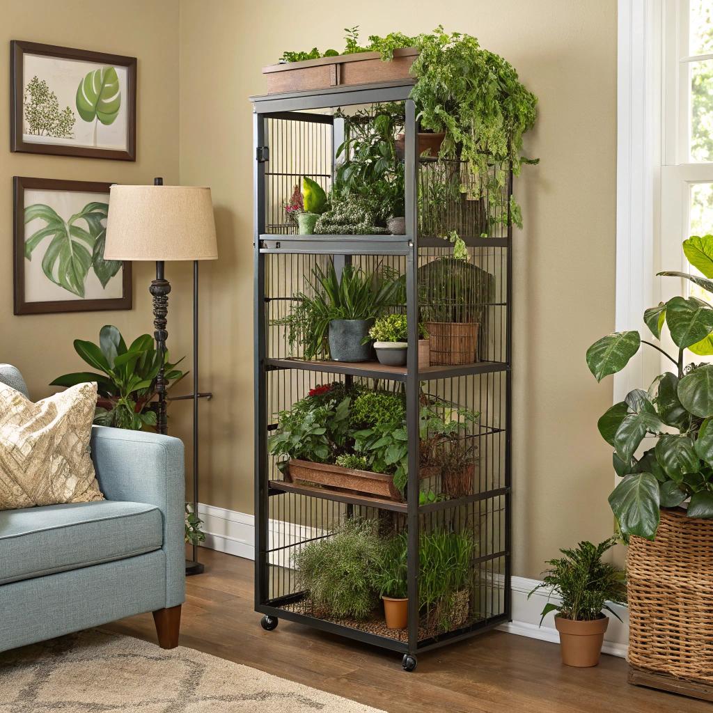 1) Vertical Garden Cage: Transform a standard pet cage into a lush vertical garden. ⁣Use ‌shelves to‌ create multiple levels filled with pet-safe plants, adding⁢ both beauty and ⁤fresh ‌air to your pet's environment